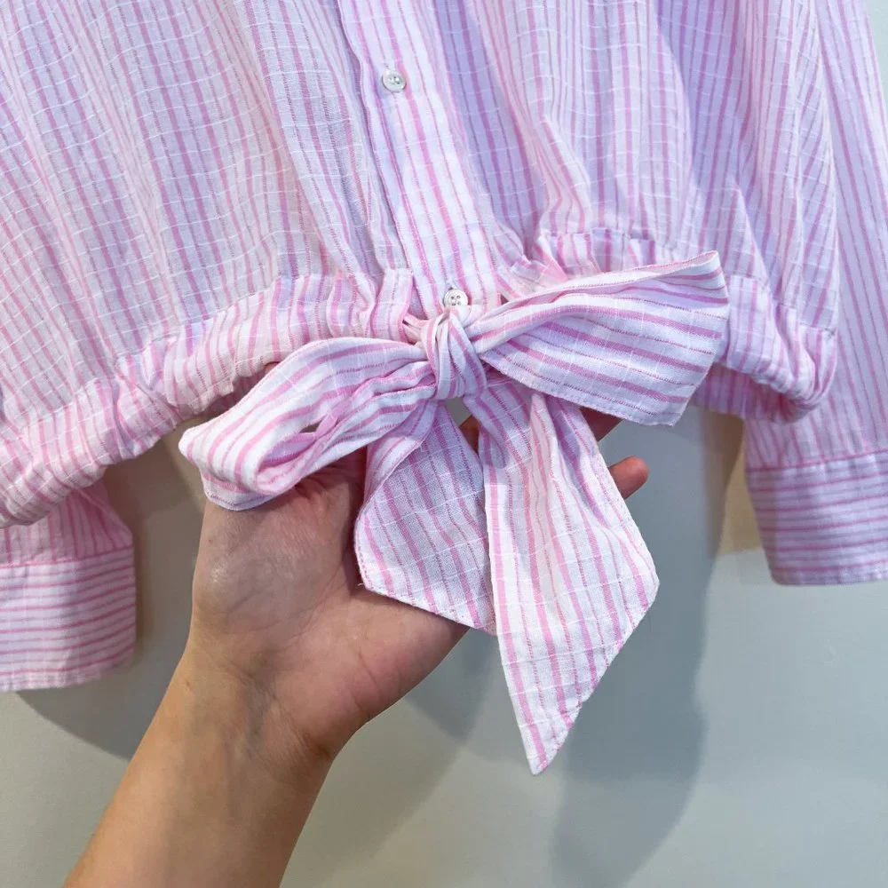XiRENA Pink Striped Tie Front Button Down Lightweight Classic Designer Blouse XL - Picture 4 of 10